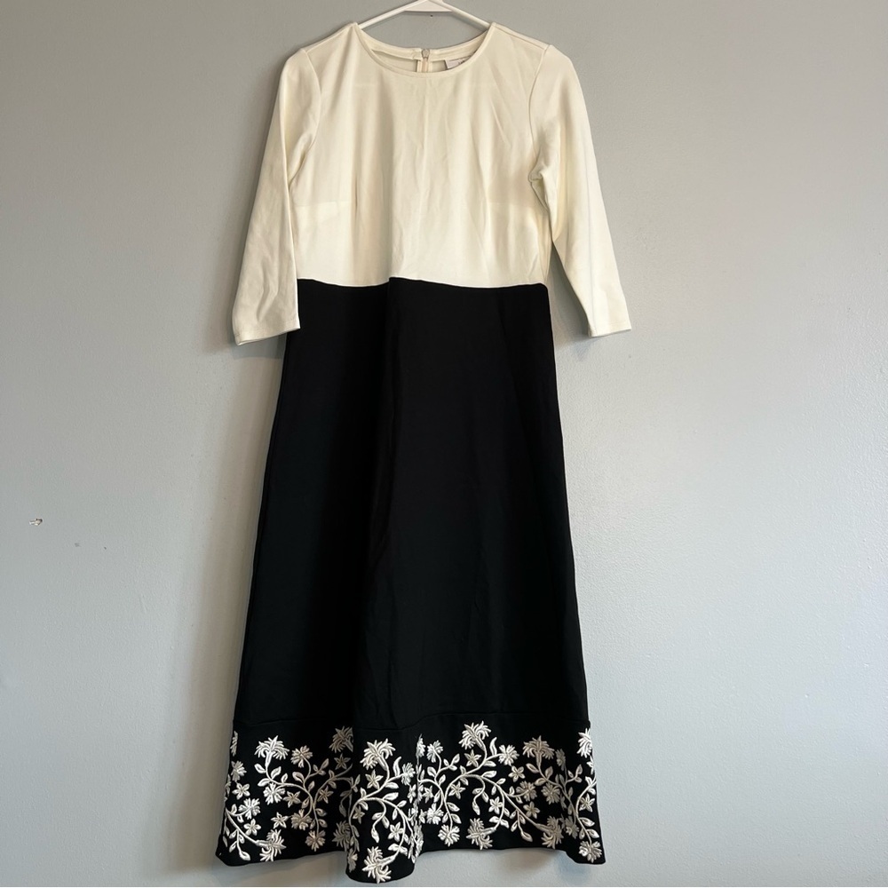 Christian Siriano For J.Jill Ponte Knit Embroidered Midi Dress Cream Black Sz S - Picture 2 of 14